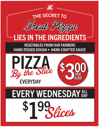 Lucky's Market serves pizza by the slice! Freshly baked pizza topped with the finest ingredients